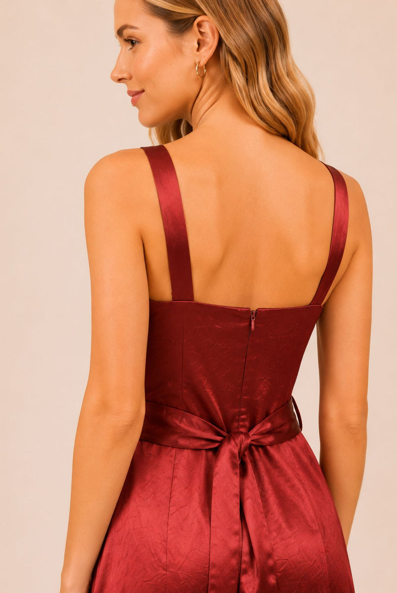Burgundy Satin Square Neck Belted Maxi Dress