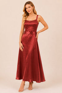 Burgundy Satin Square Neck Belted Maxi Dress