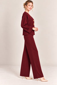 Burgundy V-Neck Button Front Cardigan Wide Leg Trousers Set