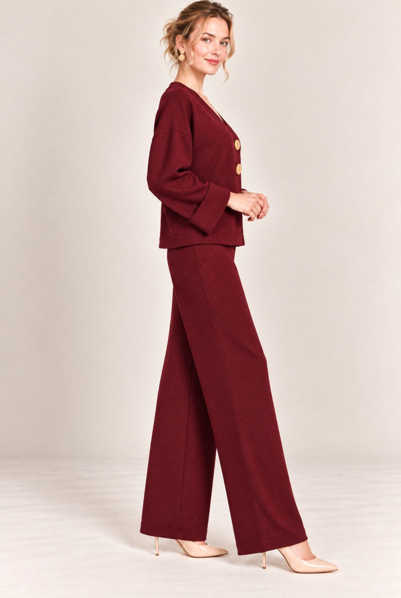 Burgundy V-Neck Button Front Cardigan Wide Leg Trousers Set