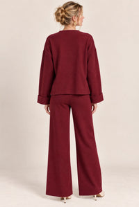 Burgundy V-Neck Button Front Cardigan Wide Leg Trousers Set