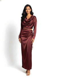 Burgundy Satin Co-Ord Set Ruched Maxi Skirt Cowl Neck Top