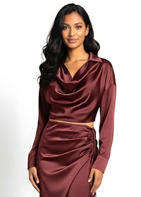 Burgundy Satin Co-Ord Set Ruched Maxi Skirt Cowl Neck Top