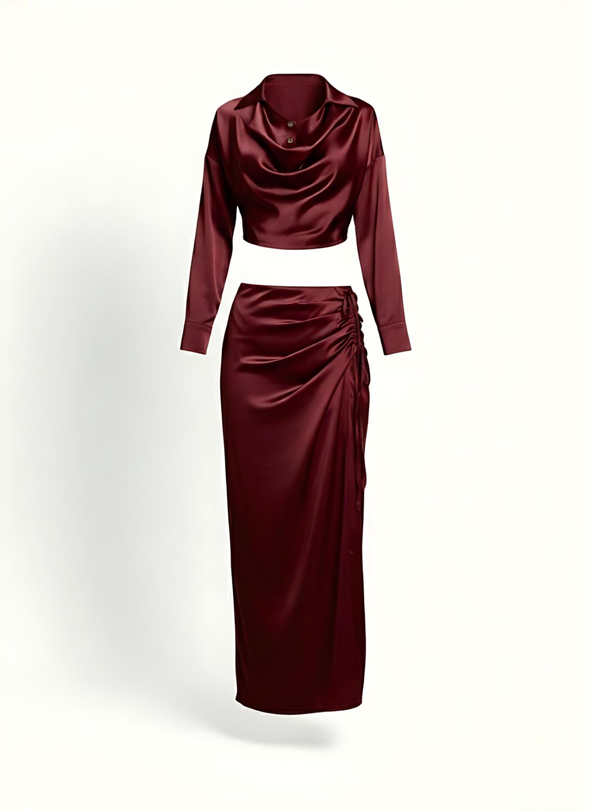Burgundy Satin Co-Ord Set Ruched Maxi Skirt Cowl Neck Top