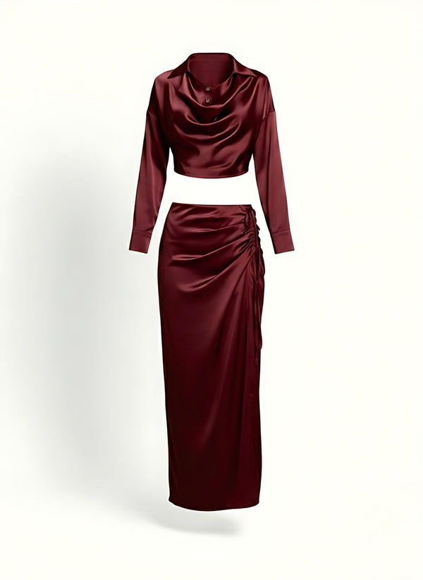 Burgundy Satin Co-Ord Set Ruched Maxi Skirt Cowl Neck Top