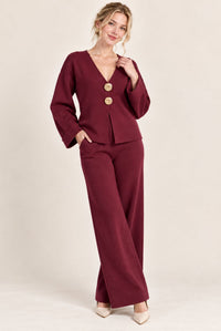 Burgundy V-Neck Button Front Cardigan Wide Leg Trousers Set