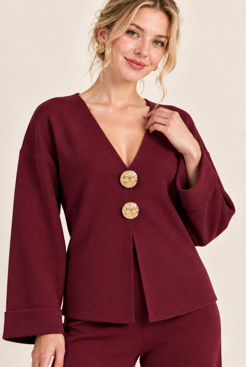 Burgundy V-Neck Button Front Cardigan Wide Leg Trousers Set