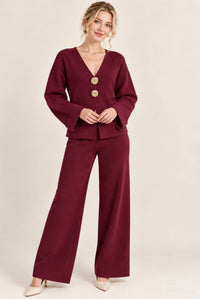 Burgundy V-Neck Button Front Cardigan Wide Leg Trousers Set
