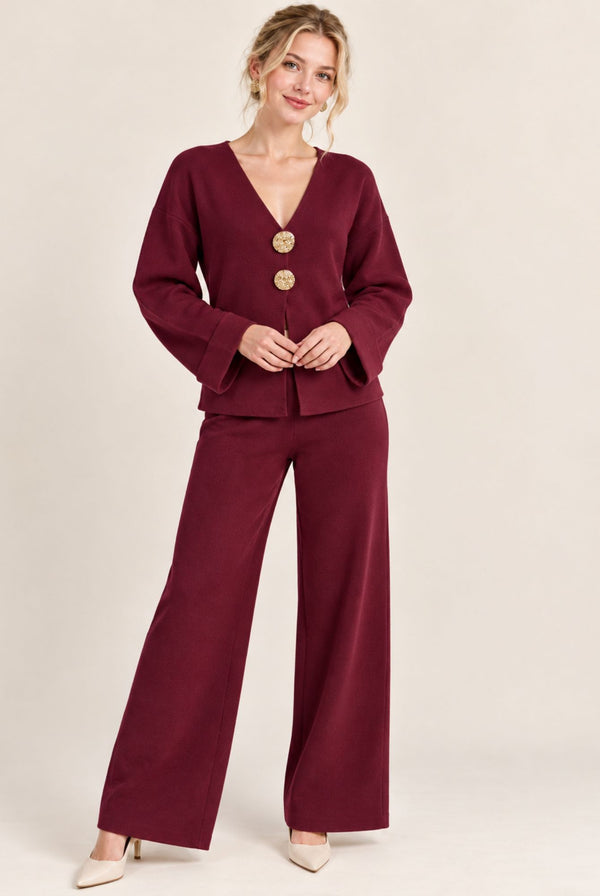 Burgundy V-Neck Button Front Cardigan Wide Leg Trousers Set