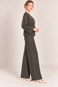Charcoal Grey V-Neck Button Front Cardigan Wide Leg Trousers Set