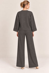 Charcoal Grey V-Neck Button Front Cardigan Wide Leg Trousers Set