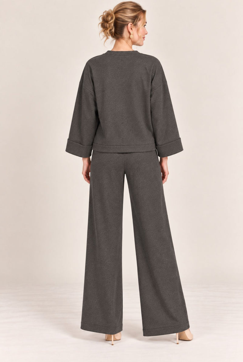 Charcoal Grey V-Neck Button Front Cardigan Wide Leg Trousers Set