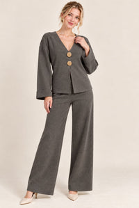 Charcoal Grey V-Neck Button Front Cardigan Wide Leg Trousers Set