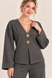 Charcoal Grey V-Neck Button Front Cardigan Wide Leg Trousers Set