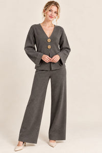 Charcoal Grey V-Neck Button Front Cardigan Wide Leg Trousers Set