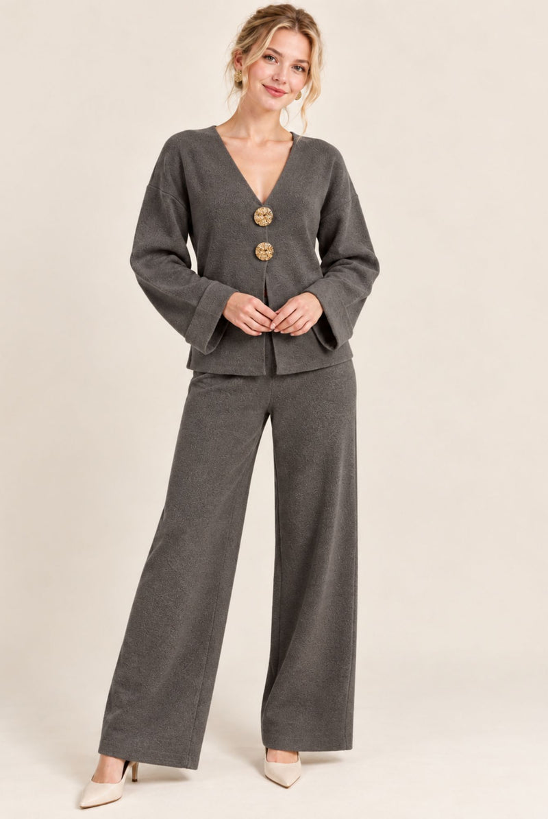 Charcoal Grey V-Neck Button Front Cardigan Wide Leg Trousers Set