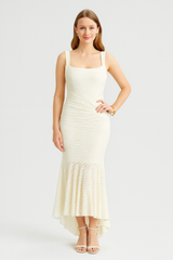 Mermaid Ruched Waist Sleeveless Flared Hem Midi Dress
