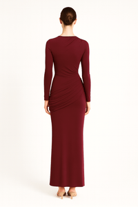 Wine Side Ruching Bodycon Full-Sleeve Jersey Evening Gown