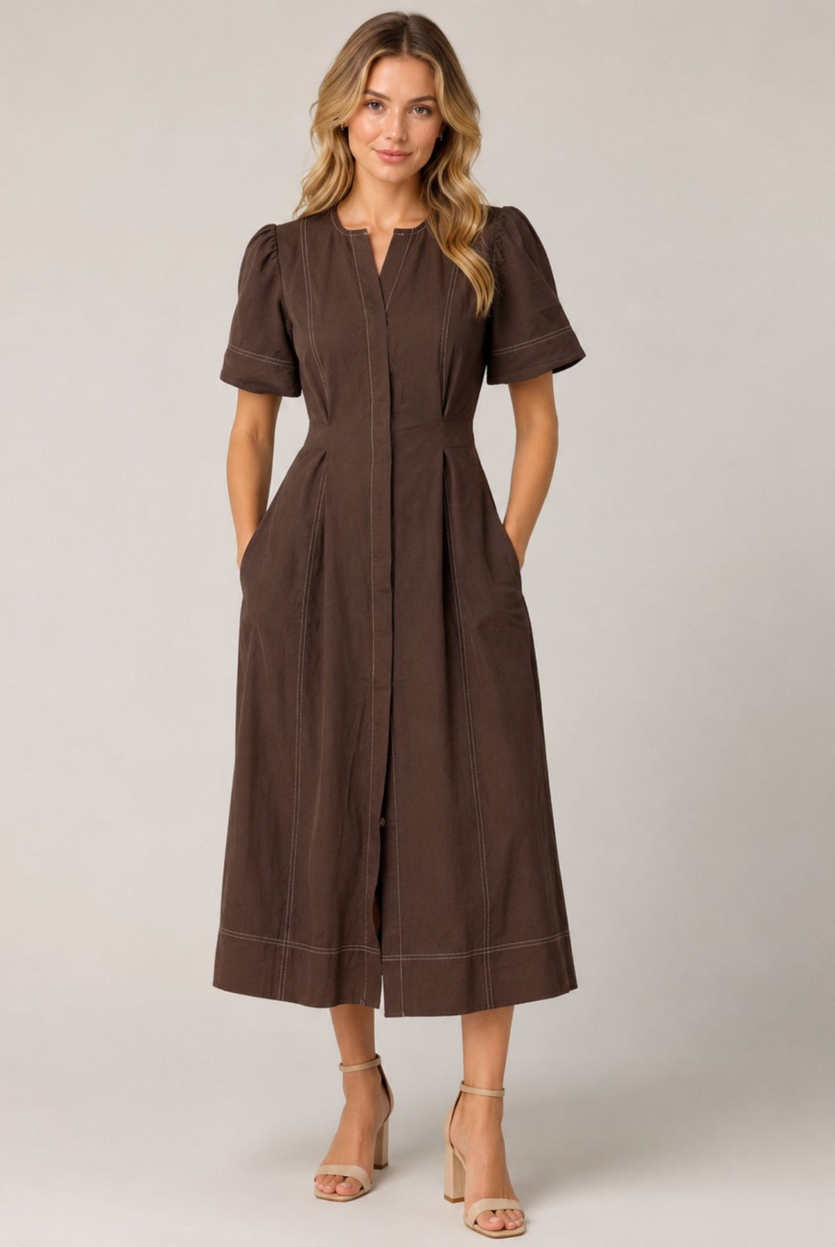 Chocolate Brown Gathered Short Sleeve Midi Dress