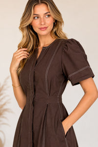 Women's Chocolate Brown Contrast Stitch Short Sleeve Midi Dress