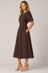 Women's Chocolate Brown Contrast Stitch Short Sleeve Midi Dress