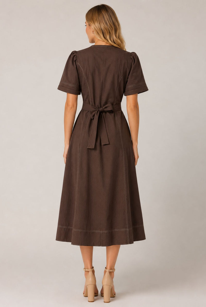 Women's Chocolate Brown Contrast Stitch Short Sleeve Midi Dress