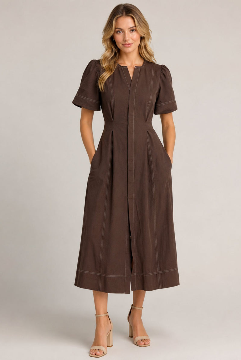 Women's Chocolate Brown Contrast Stitch Short Sleeve Midi Dress