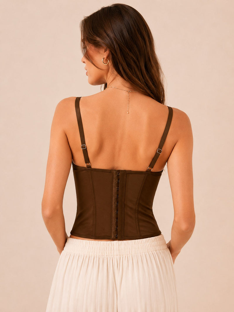 Chocolate Brown Lace Corset Top With Sheer Mesh Panels