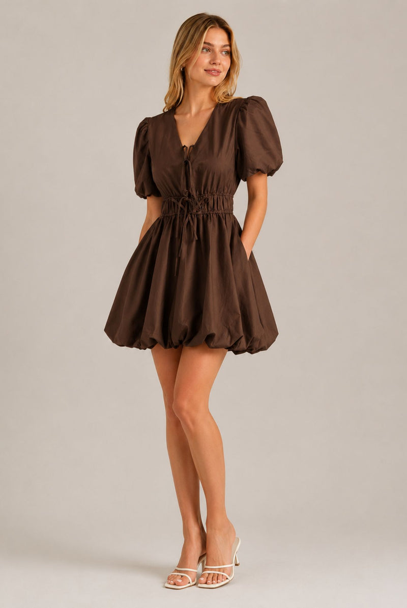Chocolate Brown Puff Sleeve Tie Front Ruched Waist Mini Dress