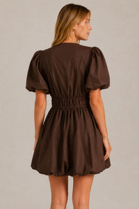 Chocolate Brown Puff Sleeve Tie Front Ruched Waist Mini Dress