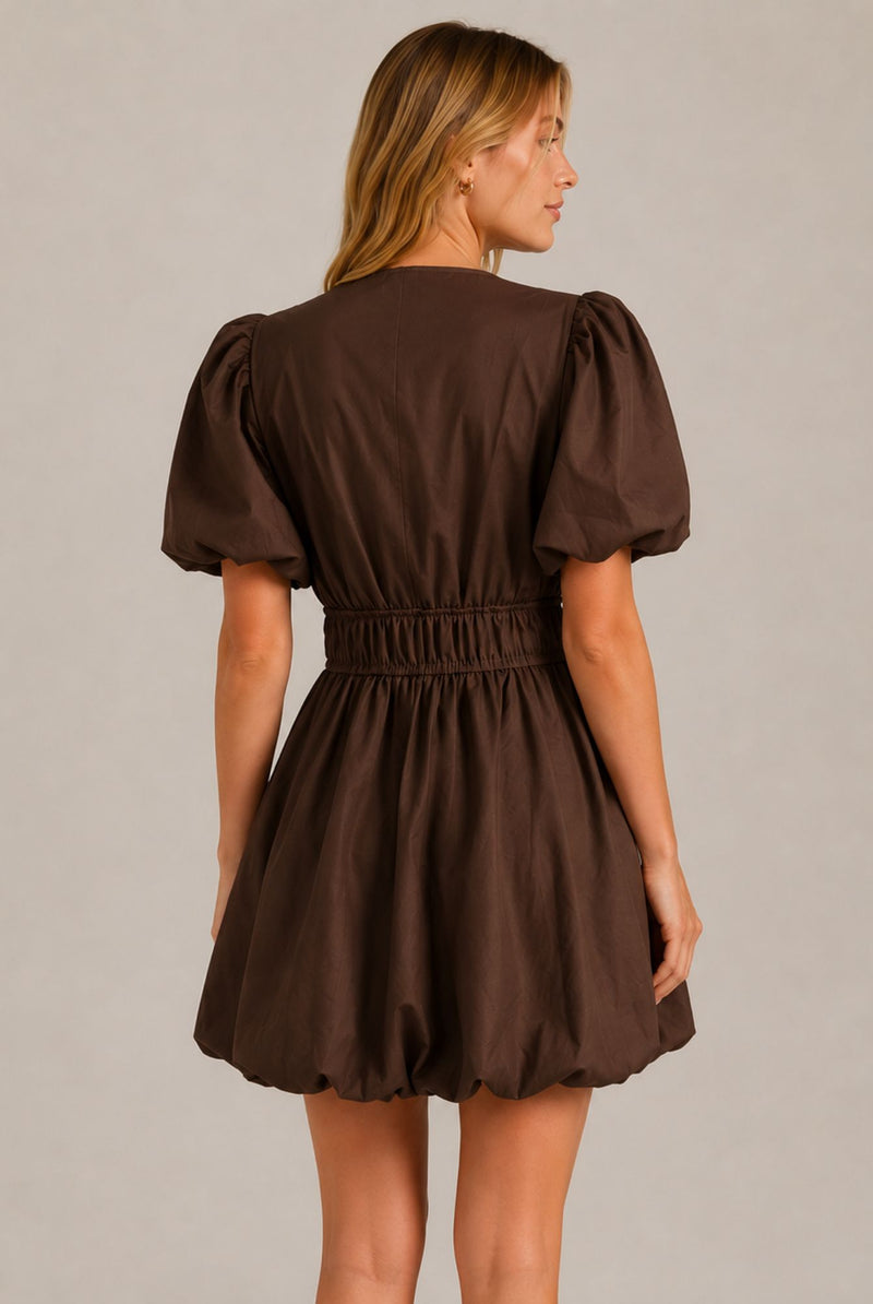 Chocolate Brown Puff Sleeve Tie Front Ruched Waist Mini Dress