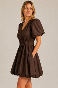 Chocolate Brown Puff Sleeve Tie Front Ruched Waist Mini Dress