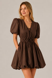 Chocolate Brown Puff Sleeve Tie Front Ruched Waist Mini Dress
