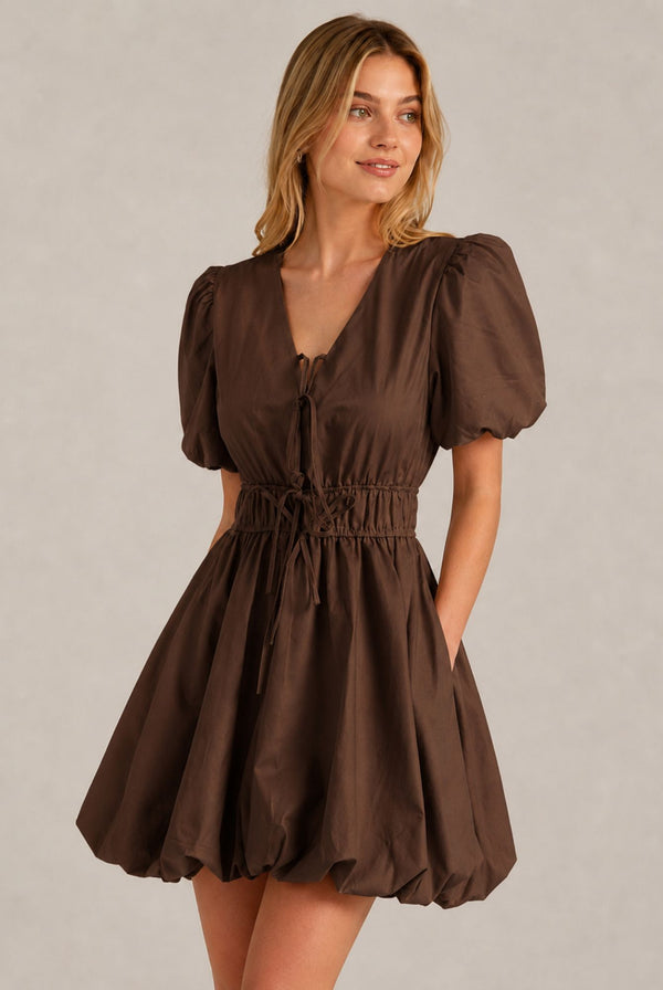 Chocolate Brown Puff Sleeve Tie Front Ruched Waist Mini Dress