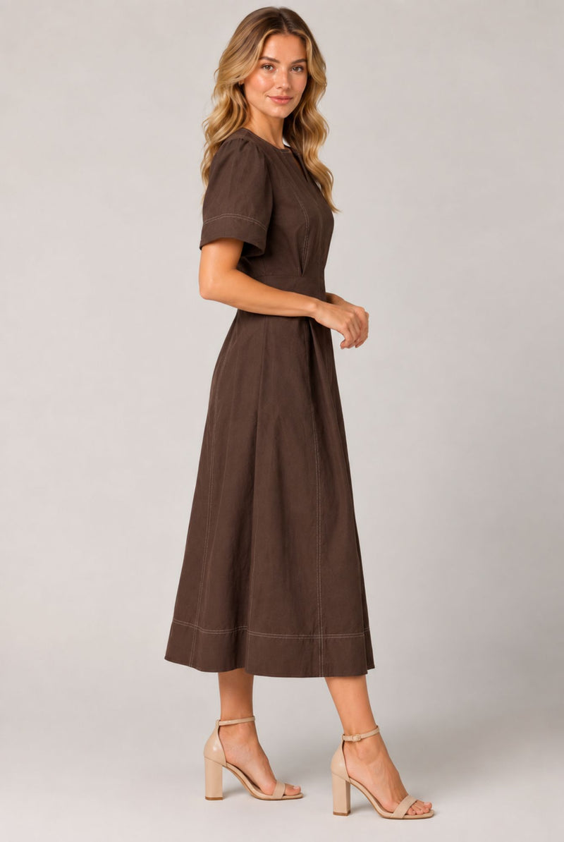 Women's Chocolate Brown Contrast Stitch Short Sleeve Midi Dress