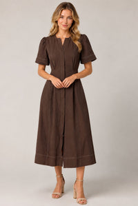 Women's Chocolate Brown Contrast Stitch Short Sleeve Midi Dress