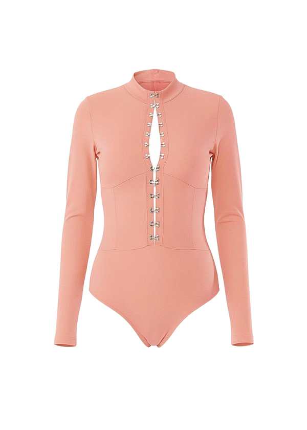Coral Pink Long Sleeve Hook and Eye Bodysuit