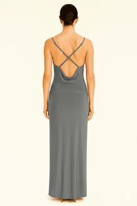Grey Cowl Neckline Figure-Flattering Spaghetti Strap Dress
