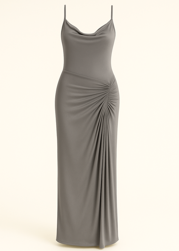 Grey Cowl Neckline Figure-Flattering Spaghetti Strap Dress