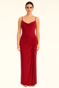 Wine Cowl Neckline Figure-Flattering Spaghetti Strap Dress