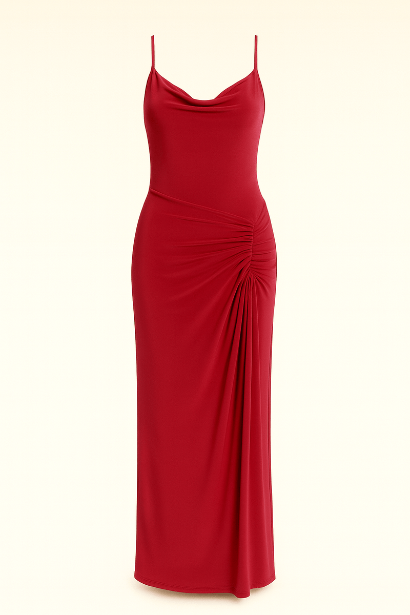Cowl Neckline Figure-Flattering Spaghetti Strap Dress