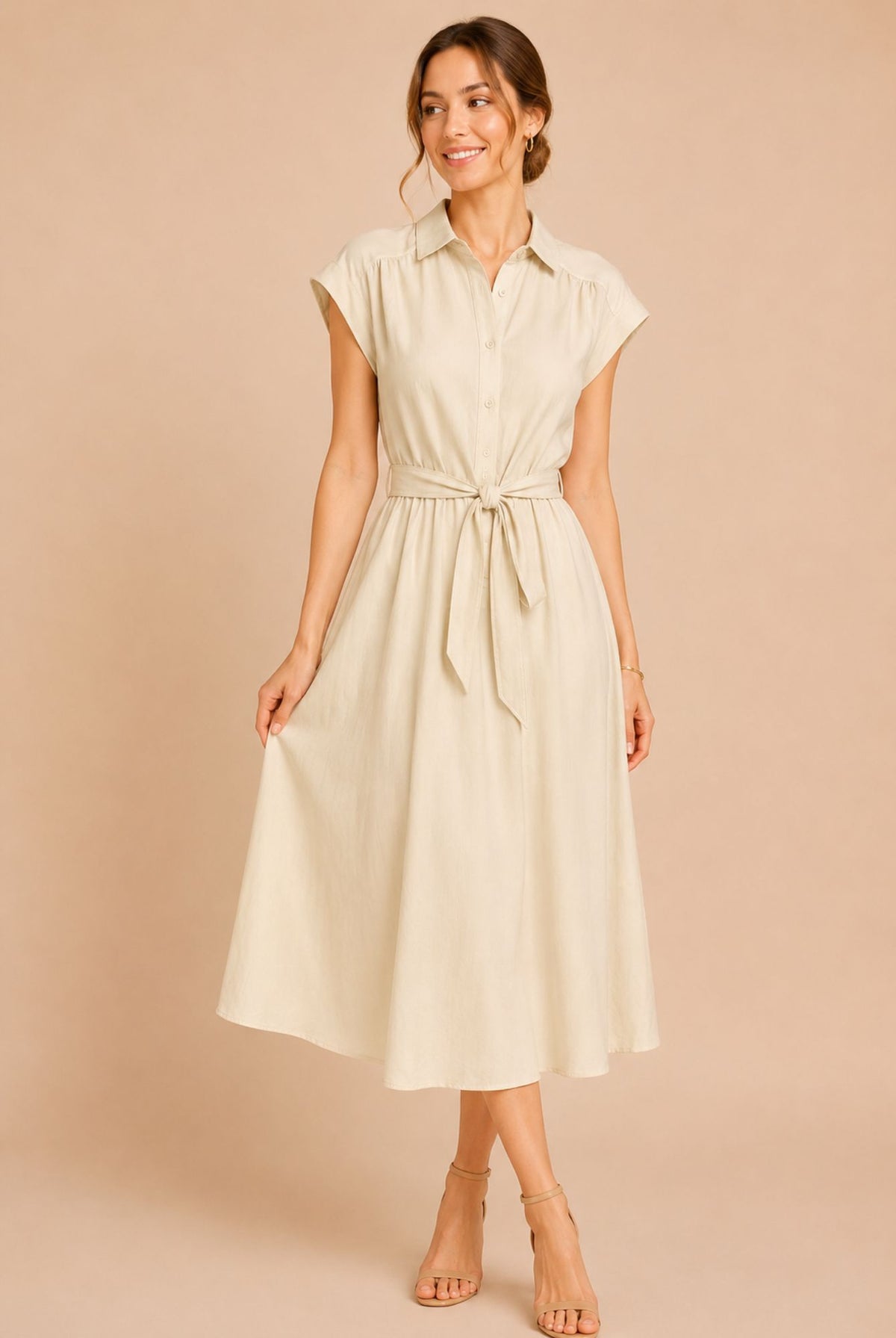 Cream Button Front Tie Waist Midi Shirt Dress