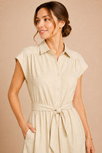 Cream Button Front Tie Waist Midi Shirt Dress