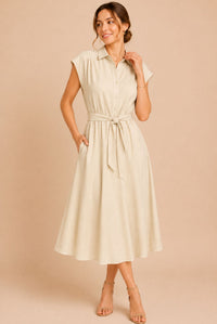 Cream Button Front Tie Waist Midi Shirt Dress