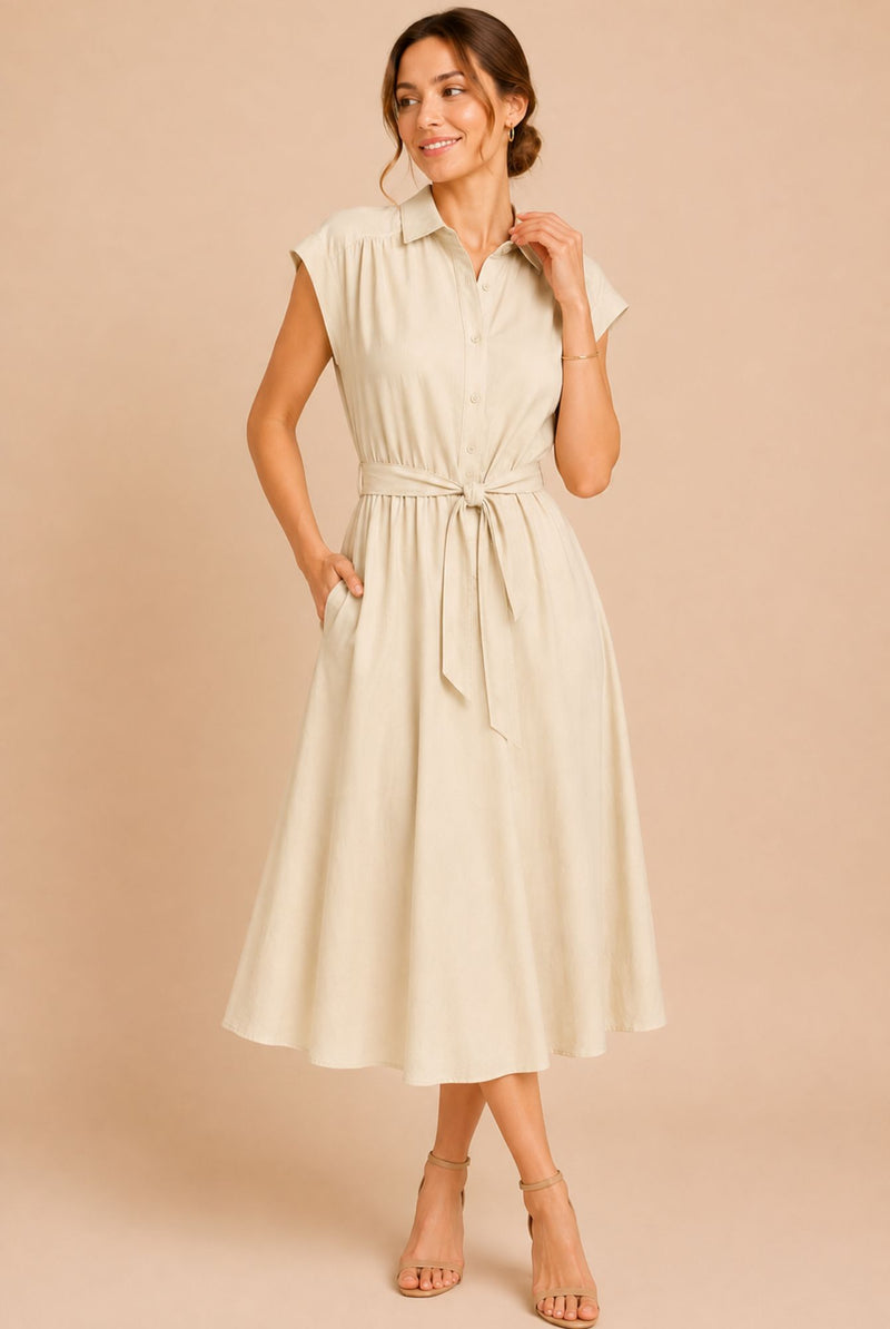 Cream Button Front Tie Waist Midi Shirt Dress