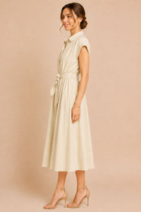 Cream Button Front Tie Waist Midi Shirt Dress