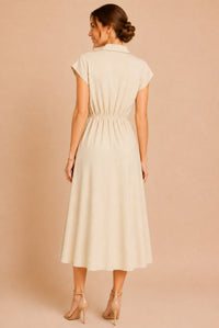Cream Button Front Tie Waist Midi Shirt Dress