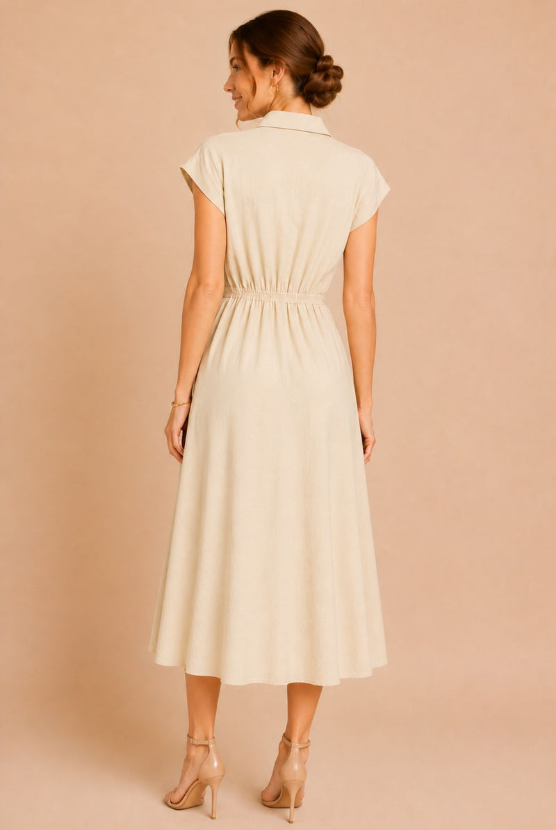 Cream Button Front Tie Waist Midi Shirt Dress