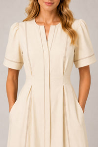 Cream Contrast Stitch Gathered Sleeve Midi Dress