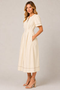 Cream Contrast Stitch Gathered Sleeve Midi Dress